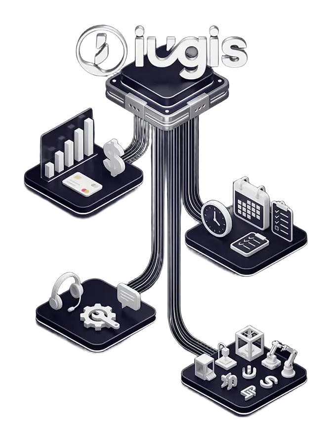 Ilustração 3D do Supervisor de IA Iugis: orquestração de múltiplos agentes e plataformas conectadas