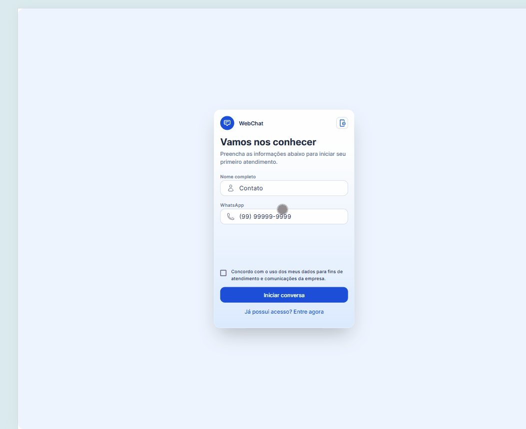Animação do fluxo Já possui acesso: informar telefone, validar o código enviado no WhatsApp e abrir as conversas