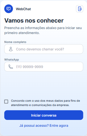 Formulário inicial do WebChat pedindo nome completo, WhatsApp e consentimento