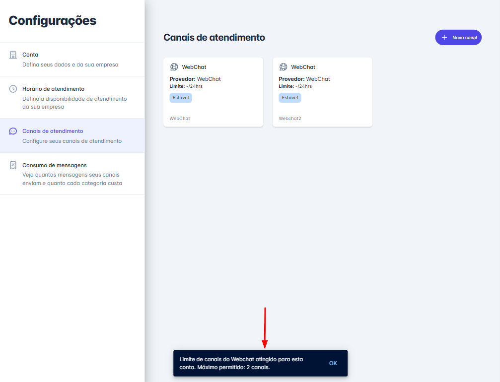 Lista com dois canais WebChat e aviso de que o limite de 2 canais foi atingido
