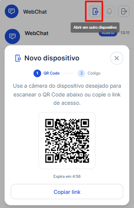 Modal Novo dispositivo com QR Code e opção de copiar o link