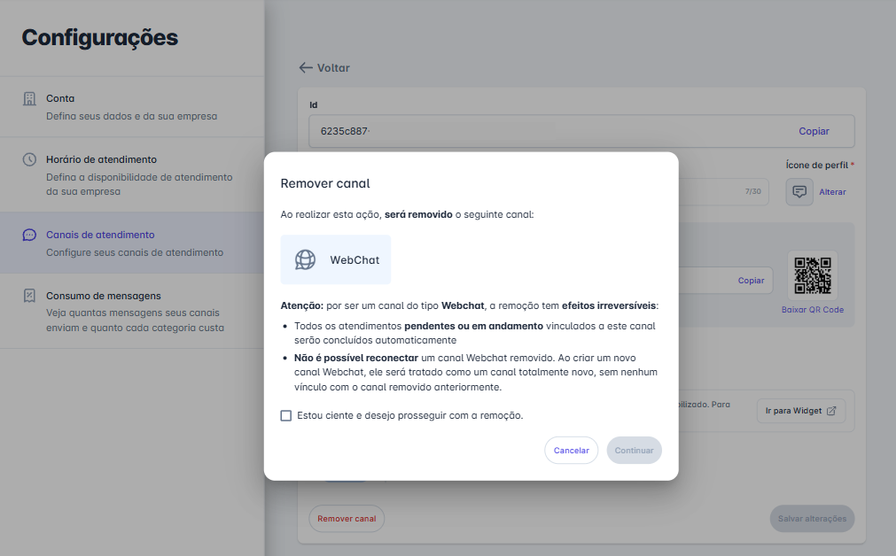 Modal de remoção do canal WebChat com aviso de efeitos irreversíveis e confirmação por e-mail